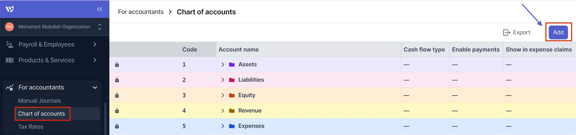 Add an account at chart of accounts